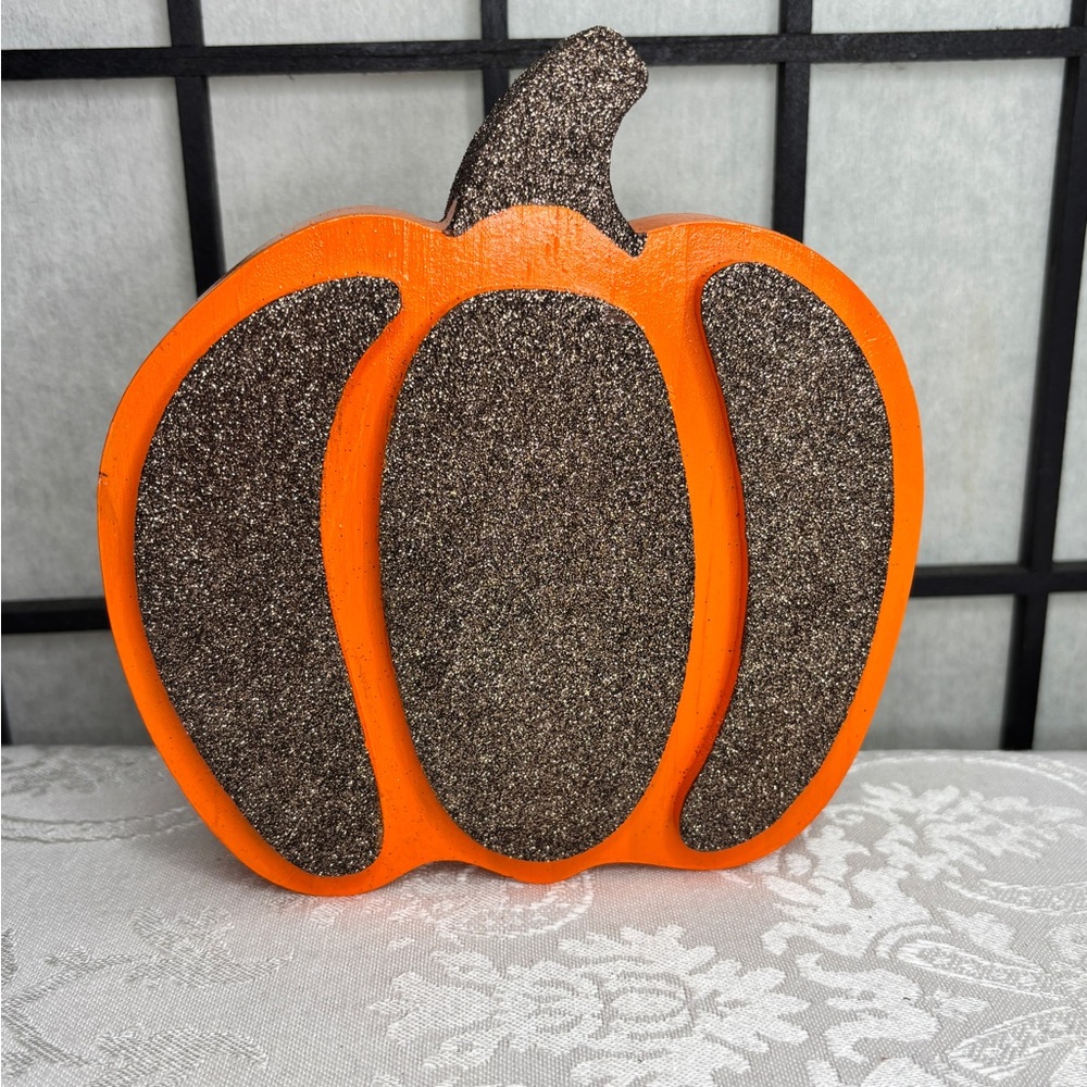 Orange Pumpkin with Brown Glitter Accent Decor Wood HandPainted - Picture 4 of 5